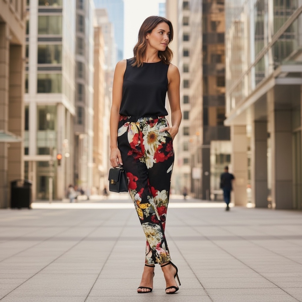 Alice + Olivia Black Floral Cropped Pants